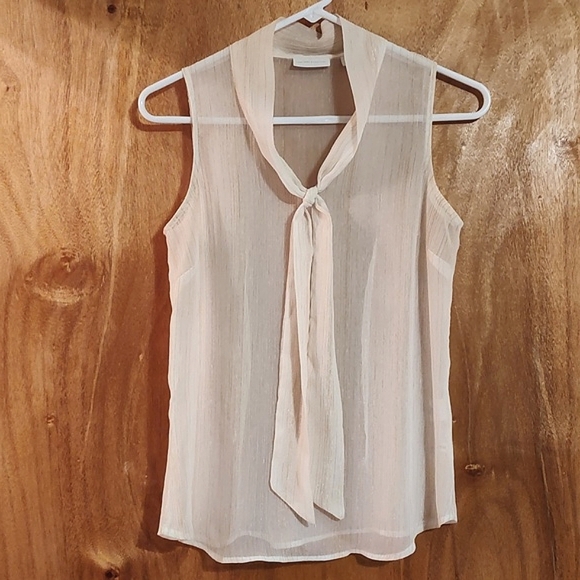 New York & Company Tops - New York & Company Sheer Sleeveless Tie Neck Top Cream Gold Twee Metallic XS